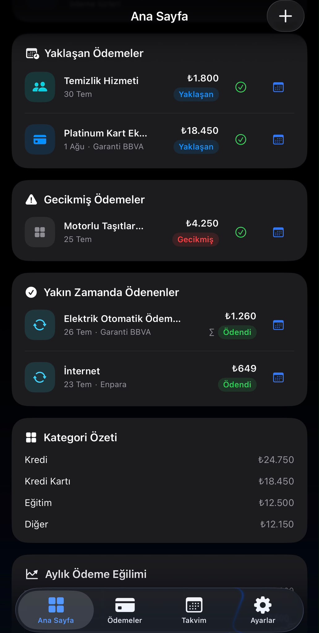 Yaklaşan, geciken ve ödenen kayıtları gösteren PayPilot ana ekranı