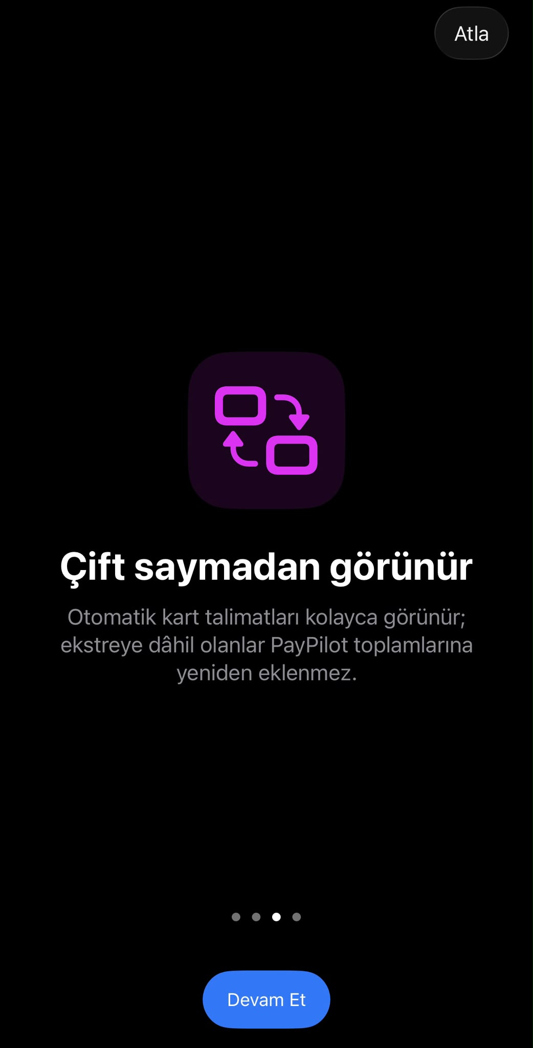 Ödemelerin çift sayılmadan gösterilmesini anlatan PayPilot tanıtım ekranı
