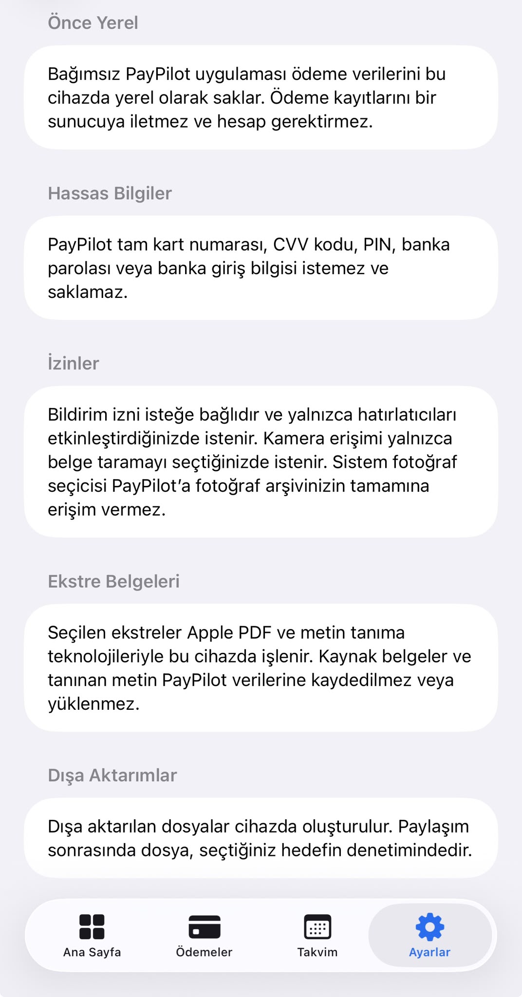 PayPilot gizlilik ve yerel işleme bilgileri
